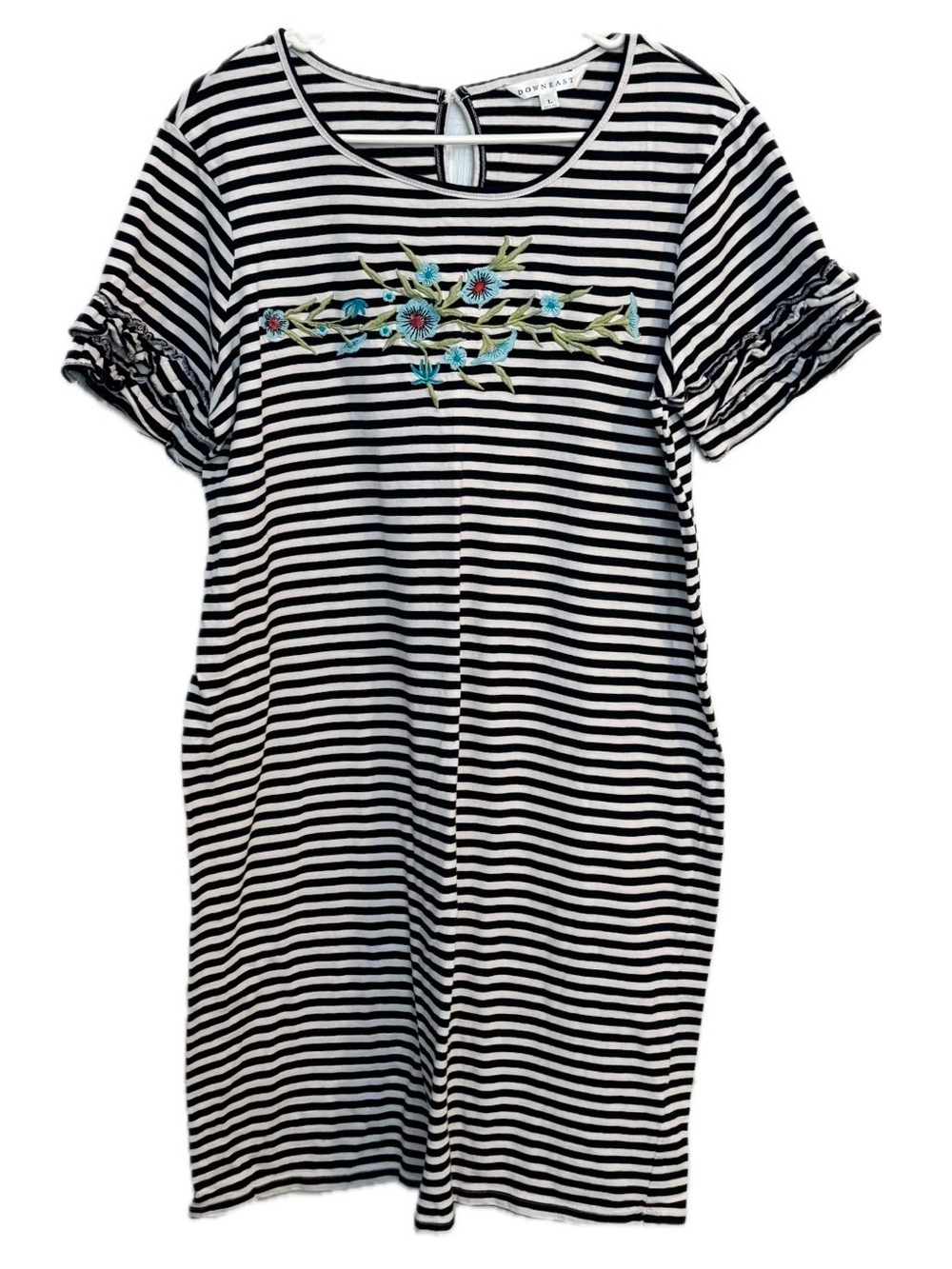 DownEast Embroidered Floral Striped Ruffle Sleeve Shift Dress Large